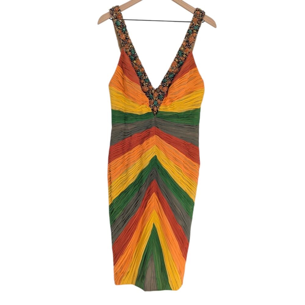 Mandalay Multi Silk Beaded Rainbow Chevron Cocktail Dress Size 10 - Picture 2 of 7